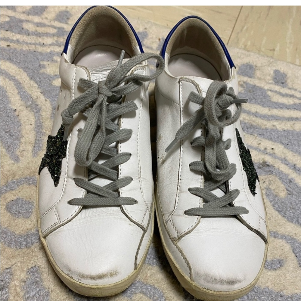 Golden Goose White and Blue Glitter Superstar Low-Top Sneaker